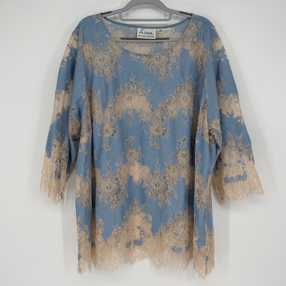 Plus Size 26W Lace Overlay Blouse Blue Beige Romantic Dressy Top